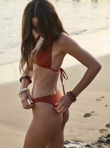 Aralina Vacation Boho Halter Ring Detail Thong Two Pieces Bikini Set With Swim Bag For Summer - Red - View 7