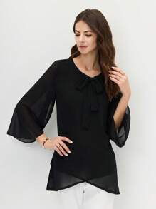 Miaspire Women's Solid Color V-Neck Batwing Sleeve Simple Blouse, For Casual Daily Wear - Black - View 1