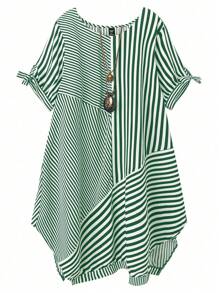 EMERY ROSE Elegant Women's Casual Striped Splicing Tie-Knot Design Ruffle Hem Round Neck Short Sleeve Plus Size Dress,White,Summer,Smart Casual,Vacation,Vintage - Dark Green - View 1