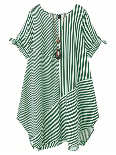 EMERY ROSE 优雅女士休闲条纹拼接系带设计荷叶边下摆圆领短袖大码连衣裙，复古风格，适合工作、春夏秋季