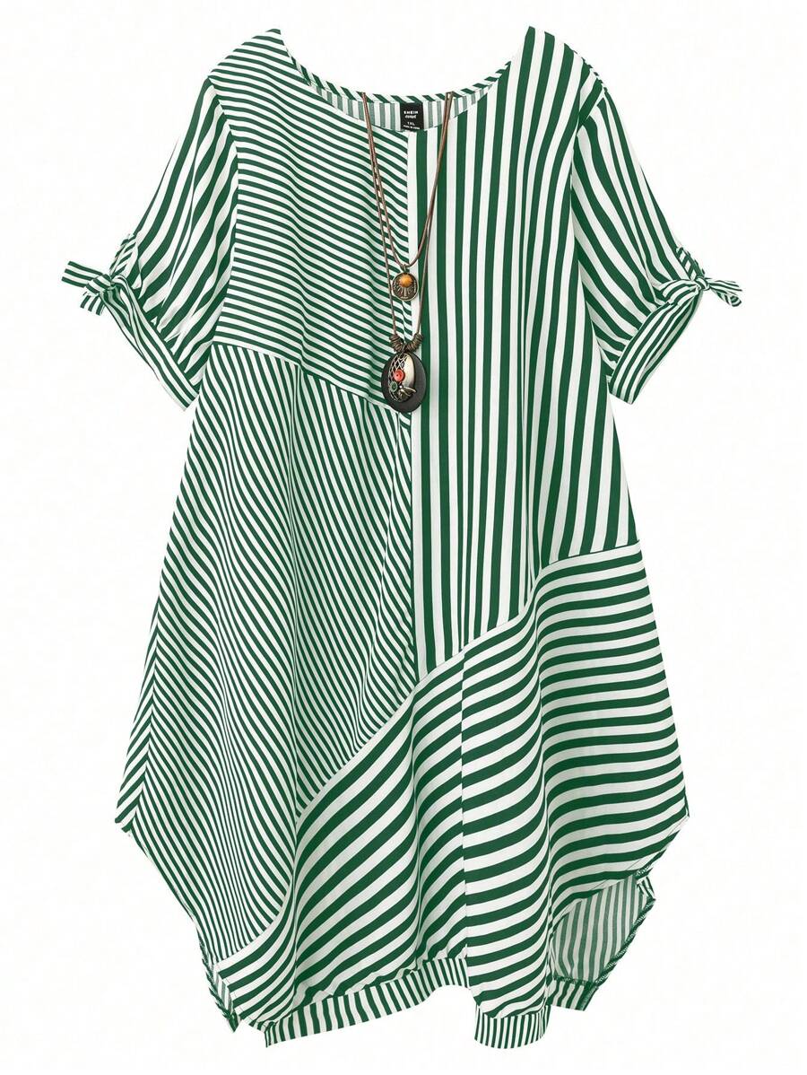 EMERY ROSE Elegant Women's Casual Striped Splicing Tie-Knot Design Ruffle Hem Round Neck Short Sleeve Plus Size Dress,White,Summer,Smart Casual,Vacation,Vintage - Dark Green - View 1