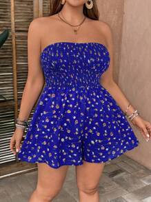 SHEIN VCAY 大码休闲碎花无袖连体裤 - 寶藍色 - 查看 4