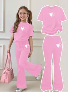 SHEIN Leap Crew 2 pièces/set Top à manches courtes et pantalon casual minimaliste pour filles préadolescentes, convient pour l'été - Lilas - Voir 1