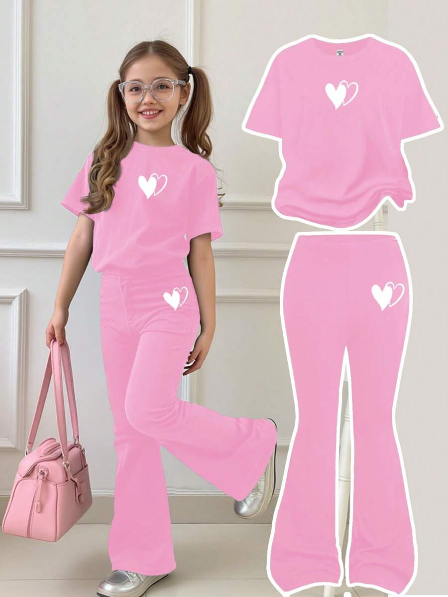 SHEIN Leap Crew 2 pièces/set Top à manches courtes et pantalon casual minimaliste pour filles préadolescentes, convient pour l'été - Lilas - Voir 1