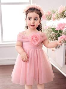 Babygirl 夏季可爱优雅粉色花朵网眼连衣裙 - 黑色 - 查看 5