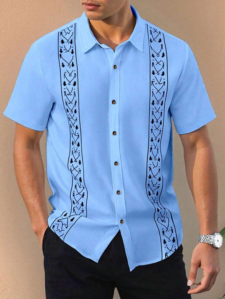 Manfinity Homme Men's Simple And Fashion Short Sleeve Shirt, Suitable For Summer Plus Size Men - Baby Blue - View 1