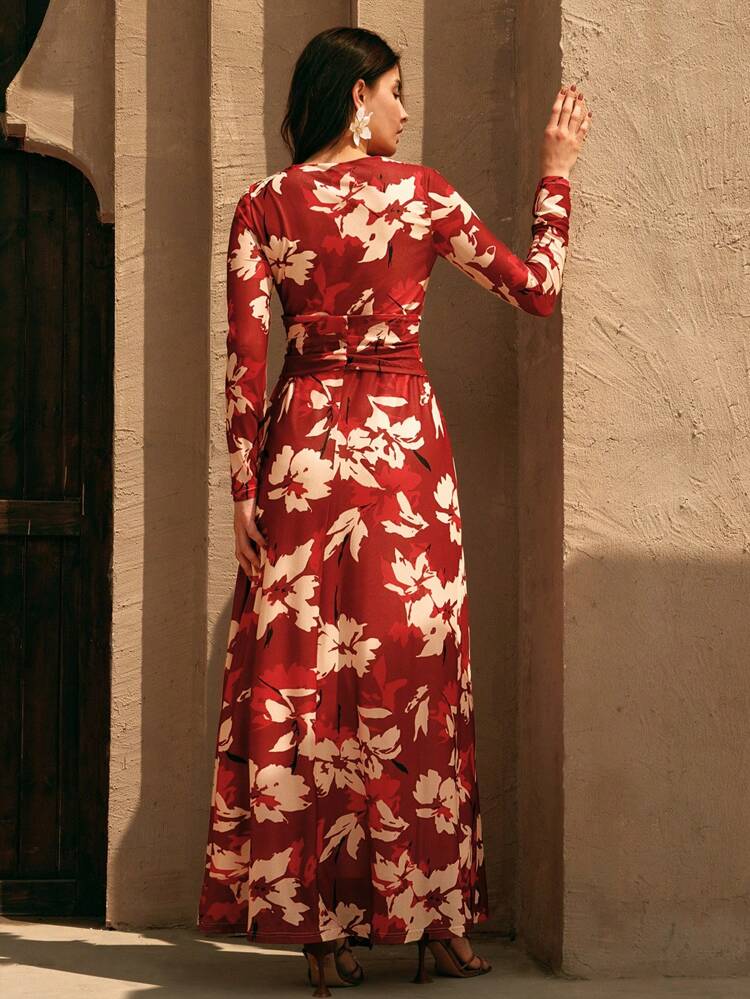 Vestido de punto rojo coral elegante para mujer con cintura anudada y mangas fluidas, apropiado para la playa, festivales y vacaciones