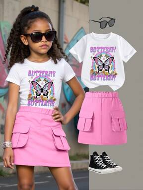 2pcs/Set Young Girl Casual Simple Pattern Short Sleeve Round Neck T-Shirt And Shorts Set, Suitable For Summer
