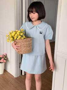 DAZY 2pcs Tween Girl Doll Face Knitted Printed Short Sleeve T-Shirt + Knit Skirt Set, Summer,Back To School Clothes - Blue - View 5