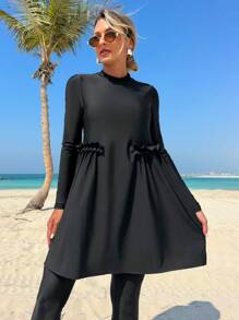 Swim Mulvari New Women's Beach Summer Two Pieces Swimwear. Black. Crew Neck Long Sleeve, Ruffle Waist Design, Modest Cover-Up Pants, Conservative Resort Burkini Set - Black - View 5