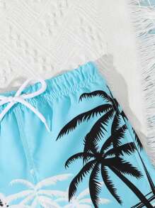 Young Boy Blue Beach Wave & Coconut Tree Print Swim Trunks, Random Print Pattern, Comfortable Swimwear