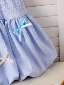 SHEIN Young Girl Blue Elegant Fashion Cute 3D Bow Fluffy Bubble Skirt, Versatile Stylish Puff Mini Skirt, Unique And Adorable Summer Wear