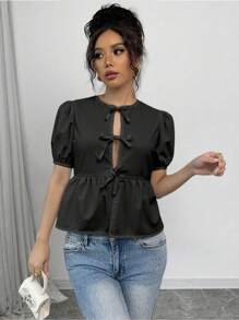 Rafferiza 女士夏季泡泡袖衬衫配蝴蝶结女士衬衫 - 黑色 - 查看 6