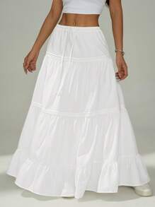 SHEIN PETITE 女式纯色腰带荷叶边下摆休闲裙 - 白色 - 查看 5