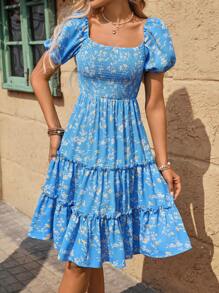 Breezaya Floral Print Square Neck Ruffle Hem Short Sleeve Dress, Vacation Women Dresses Vacation Outfits For Women Summer Dresses For Women Vacation Summer Vacation Outfits Women Vacation Dresses Woman - Blue - View 5