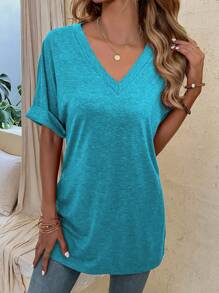 SHEIN LUNE Casual Solid Color Batwing Sleeve Side Slit T-Shirt, Spring/Summer - Blue - View 4