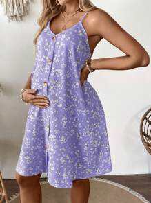 SHEIN 波西米亚孕妇度假碎花纽扣设计吊带背心连衣裙 - 淡紫色 - 查看 4