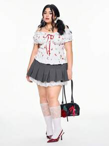 ROMWE Kawaii Plus Size Women Retro Cottagecore Cherry Embroidered Off Shoulder Lace Trim Blouse - White - View 3