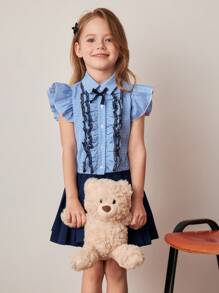 PrepCrw Young Girls Spring/Summer Gingham Sleeveless Shirt With Ruffle Detail And Pleated Skirt Coordinated Set - Multicolor - View 3