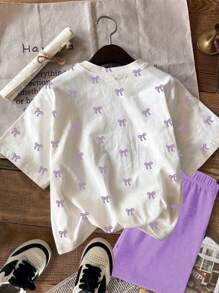 SHEIN Leap Crew 2pcs/Set Tween Girls Casual Minimalist Short Sleeve T-Shirt And Shorts Set, Summer - Multicolor - View 3