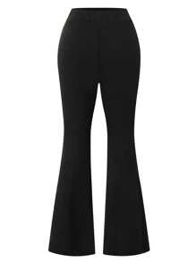 SHEIN PETITE Plus Size & Petite Women Casual Elegant Commuter Knit High Waist Stretchy Fitted Flare Pants - Black - View 1