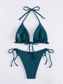 SHEIN Swim 纯色比基尼泳装套装，带三角形上衣和丁字裤，适合海滩和度假 - 水鴨藍 - 查看 2