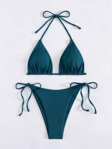 SHEIN Swim 纯色比基尼泳装套装，带三角形上衣和丁字裤，适合海滩和度假 - 水鴨藍 - 查看 3