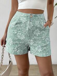 Flirla Quần short cắt ngẫu nhiên họa tiết hoa Jacquard rộng rãi thời trang cho nữ - màu xanh lá - Xem 3