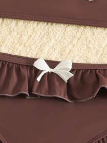 SHEIN 2pcs Girls Adorable Bowknot Halter Top & Ruffle Trim Bottom Swimsuit Set - Brown - View 3
