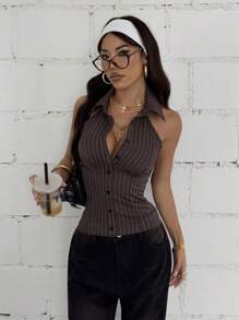 StreetHx 女士街头风格棕色条纹露背无袖衬衫 - 咖啡棕 - 查看 4