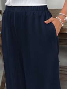 SHEIN VCAY 加大码白色纹理面料宽松休闲阔腿裤，带口袋，适合海滩度假、情人节 - 藏蓝色 - 查看 6