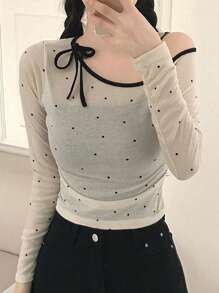 DAZY 撞色不对称领口露肩不对称设计紧身波尔卡圆点女式T恤，秋季衣服长袖女式上衣 - 杏色 - 查看 5