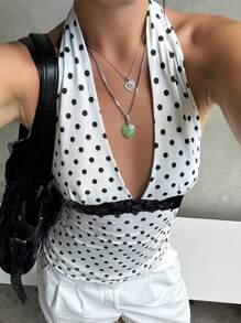 INAWLY Women's Polka Dot Print Contrast Lace Bodycon Halter Top - Black and White - View 3