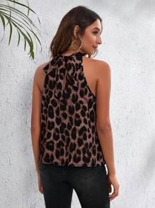 SHEIN Clasi Leopard Print Halter Neck Sleeveless Woven Blouse, Elegant Summer - Pink - View 2