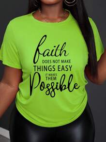 Flirla 大码女式口号印花圆领短袖 T 恤，信念不会让事情变得简单，但会让事情变得可能图案 T 恤女式上衣 - 綠色 - 查看 1
