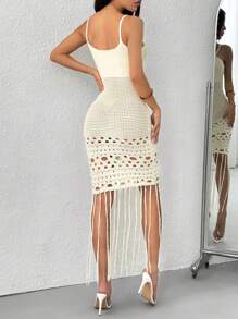 Women's Solid Color Hollow Fishtail Hem Fitted Sleeveless Sweater Dress - White - View 2