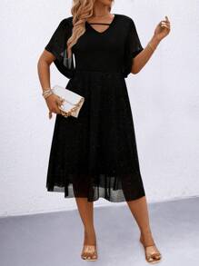 SHEIN Clasi Robe élégante ajustée en maille imprimée argent métallisé grande taille - Noir - Voir 3