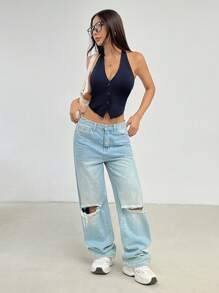 SHEIN PETITE Áo thun nữ hở lưng không tay màu trơn mùa hè - Màu xanh hải quân - Xem 4