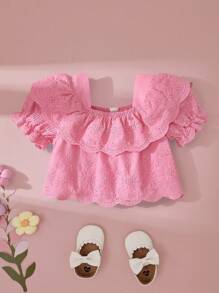 SHEIN Baby Girl Vintage French Style Elegant Embroidered Floral Ruffled Collar Puff Sleeve Blouse, Suitable For Outings - Hot Pink - View 7