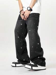 ROMWE MEN Street Life Men's Fashion Rhinestone Embellished Relaxed Fit Straight Leg Jeans - Black - View 2