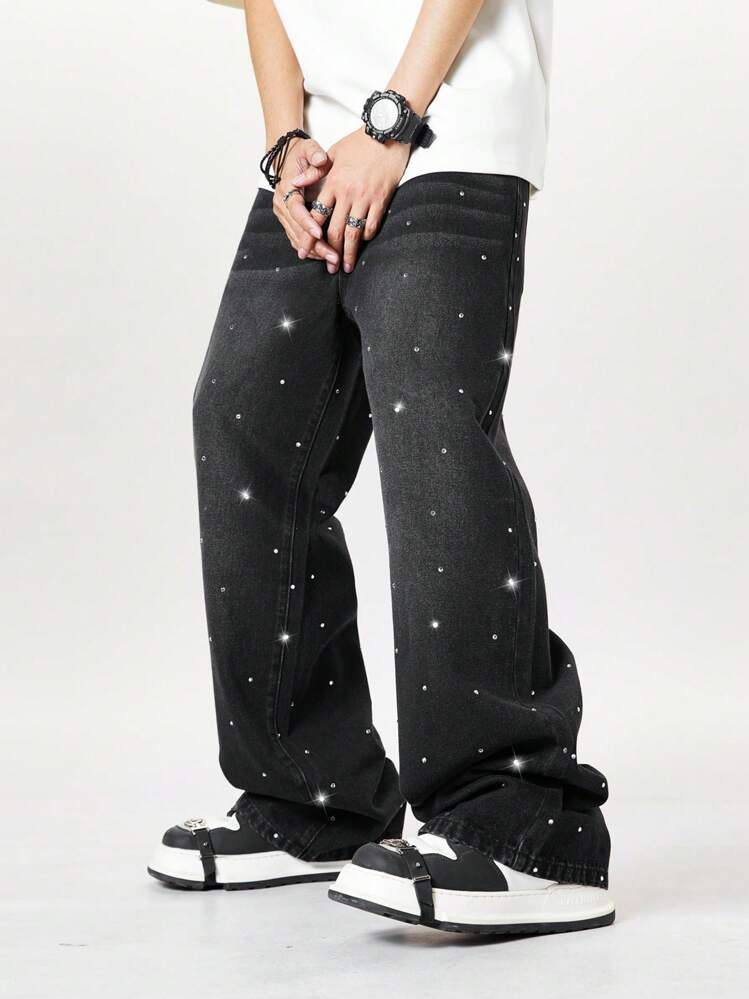 ROMWE MEN Street Life 男式时尚水钻装饰宽松直筒牛仔裤 - 黑色 - 查看 2