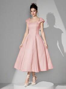 Poshira 女士纯色方领插肩袖褶饰优雅晚礼服（华丽装饰）、派对礼服、舞会礼服 - 粉色 - 查看 4