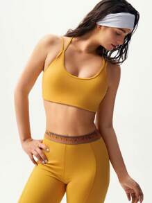 VARSIVA Women's Yellow Crop Sports Tank Top: Sleeveless Spaghetti Strap Knitted Fabric Design With Tape Details For Comfortable Workouts - Yellow - View 1