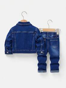SHEIN Bộ 2 món/bộ quần áo denim dài tay ve rách rách đơn giản cho bé trai và quần jeans bó màu xanh co giãn cao rách rách, đa năng cho trang phục mùa thu và mặc ngoài trời - Rửa tối - Xem 2