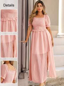 KURAYIA Plus Size Women's Elegant Square Neck Short Sleeve Slit Hem Dress - Coral Pink - View 1