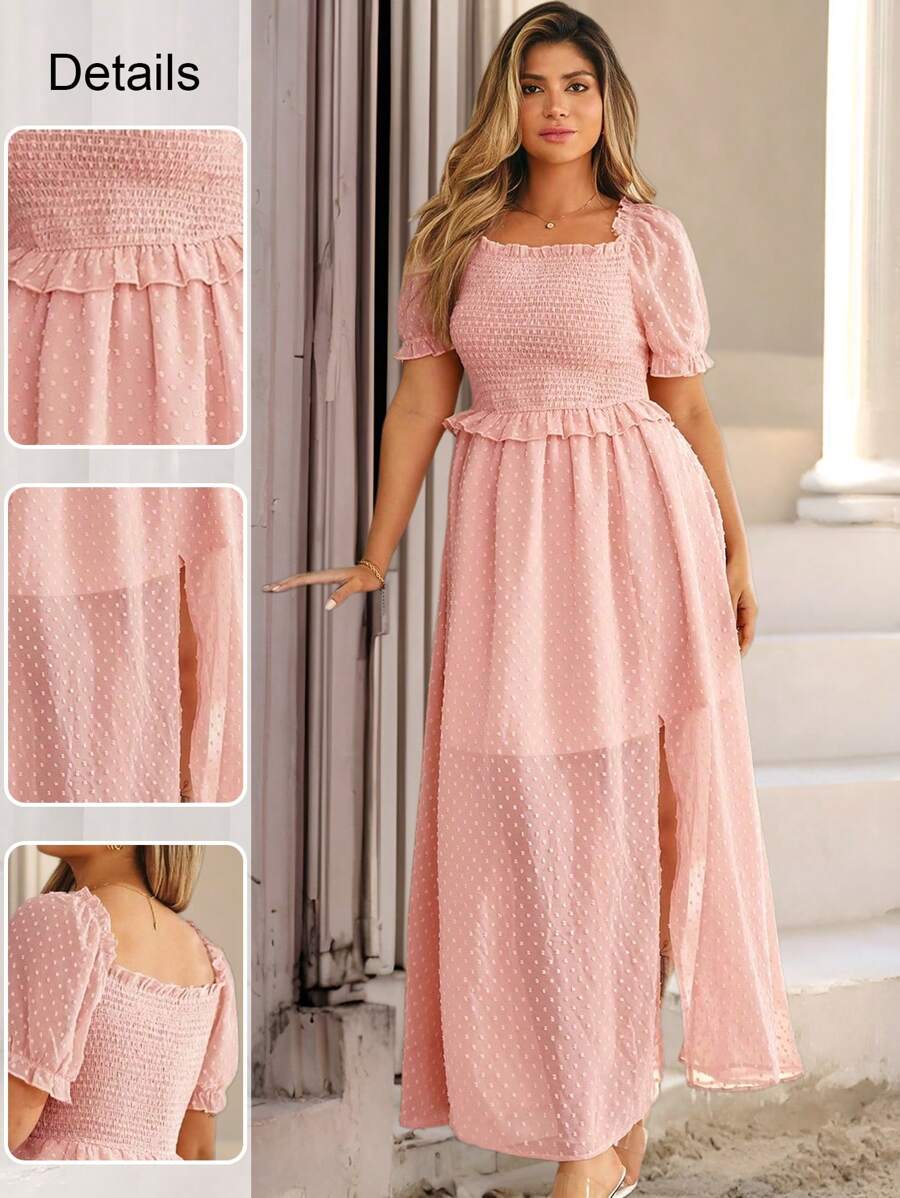 KURAYIA Plus Size Women's Elegant Square Neck Short Sleeve Slit Hem Dress - Coral Pink - View 1