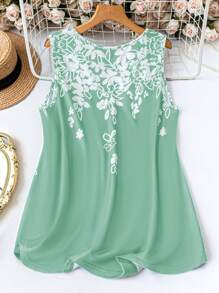 Plus Floral Print Tank Top For Summer Vacation Graphic Tees Women Tops - Green - View 2