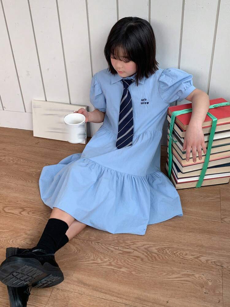 Tween Girl Peter Pan Collar Pleated Short Sleeve Dress, School Style, Summer,Back To School Clothes