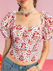 Strawberry Shortcake X SHEIN Chemisier à col en cœur avec imprimé dessin animé, manches courtes, pour femmes, pour l'été - Rose bonbon - Voir 2