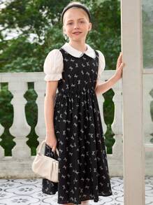 Tween Girl Dress - Fashionable Black Bow Print Dress With Waist Bag, Peter Pan Collar, Puff Sleeves, Casual Daily Wear For Summer - Black - View 4